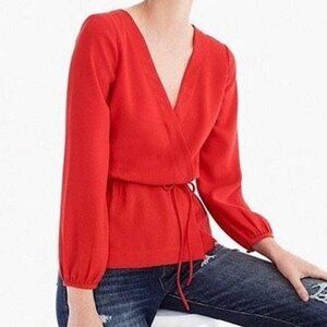 J.Crew Drapey Faux Wrap Long Sleeve Crepe Top – Red (Size 2P)
